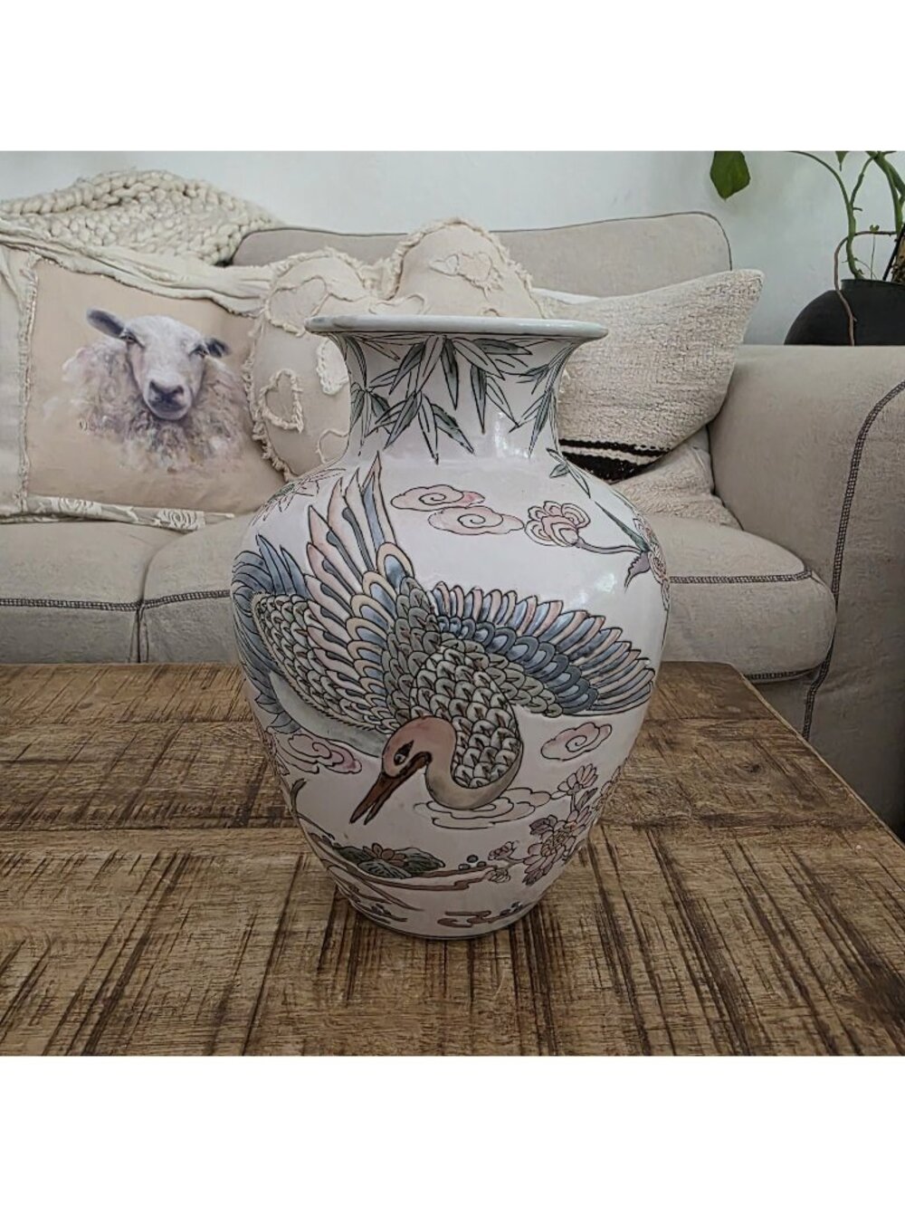 Vintage Chinese Chinoserie Vase Crane Bamboo Flowers 8.5"